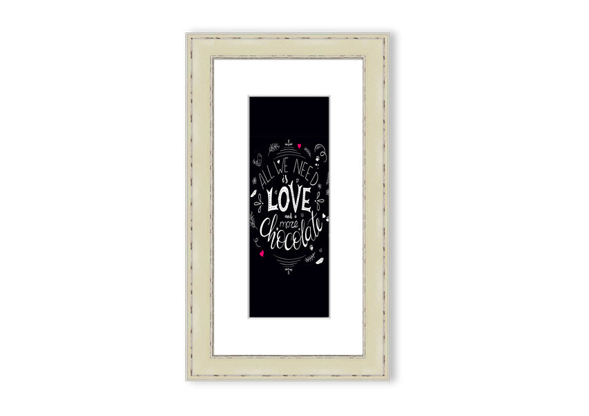 Framed print featuring the quote 'All You Need Is Love And More Chocolate' with a decorative border, available in various frame colors.