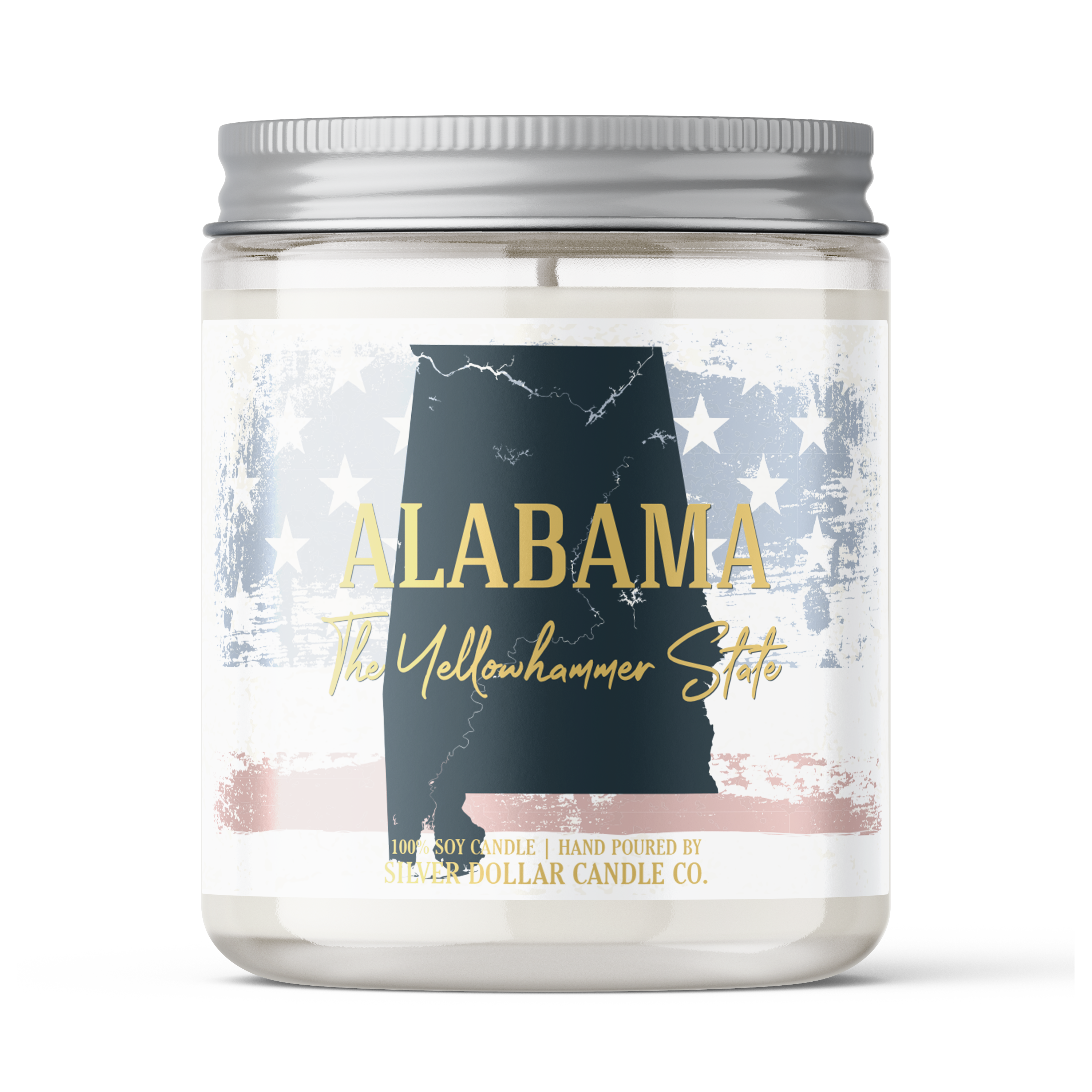 Alabama State Candle in a decorative box, showcasing its elegant design and personalized lid option, surrounded by a warm ambiance.