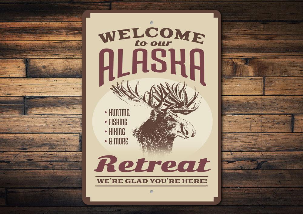 Alaska Retreat Sign made of durable aluminum, featuring a beautiful lake-themed design, perfect for lakehouse decor.