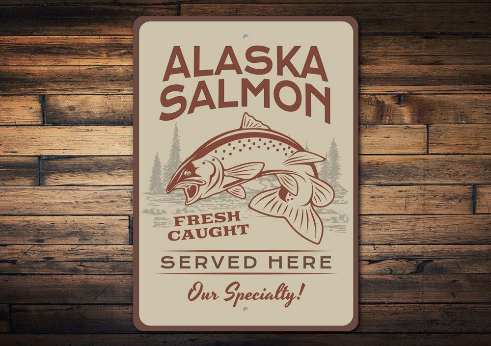 Alaska Salmon Sign made of high-quality aluminum, featuring a vibrant salmon design, perfect for lakehouse decor.