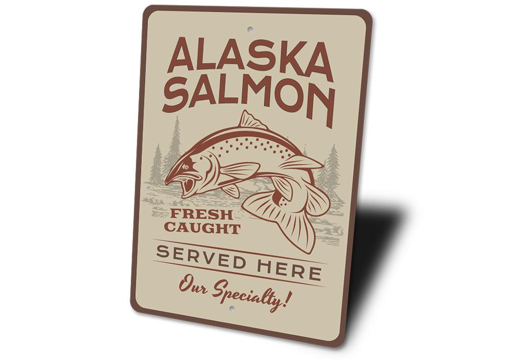 Alaska Salmon Sign made of high-quality aluminum, featuring a vibrant salmon design, perfect for lakehouse decor.