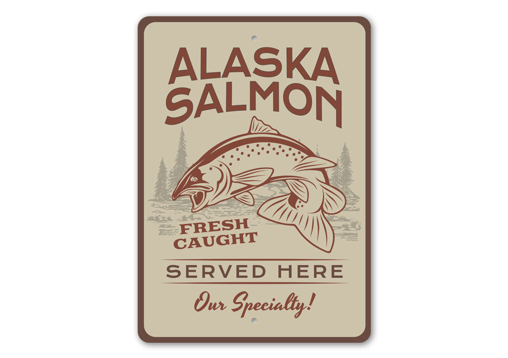 Alaska Salmon Sign made of high-quality aluminum, featuring a vibrant salmon design, perfect for lakehouse decor.