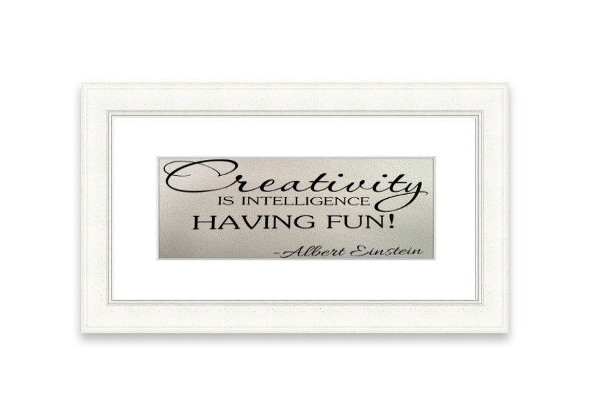 Framed print featuring Albert Einstein's quote on creativity and intelligence, available in various frame colors.
