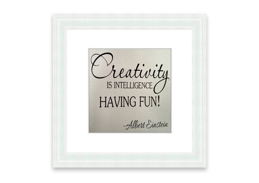 Framed print featuring Albert Einstein's quote on creativity and intelligence, available in various frame colors.