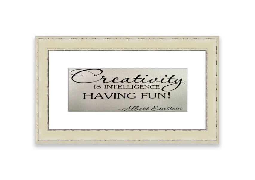 Framed print featuring Albert Einstein's quote on creativity and intelligence, available in various frame colors.
