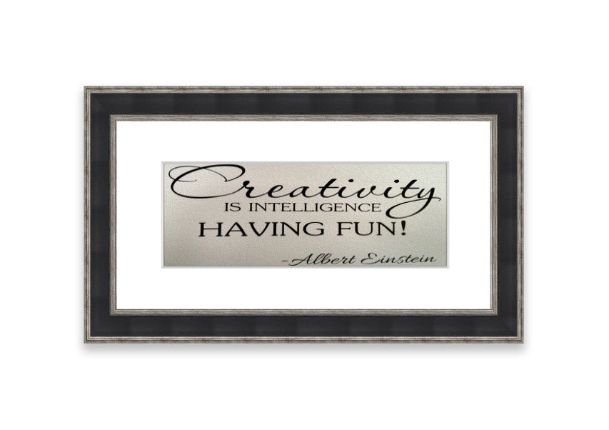Framed print featuring Albert Einstein's quote on creativity and intelligence, available in various frame colors.