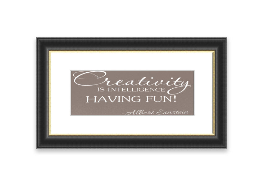 Framed print featuring Albert Einstein's quote on creativity and intelligence, elegantly designed in beige with multiple frame color options.