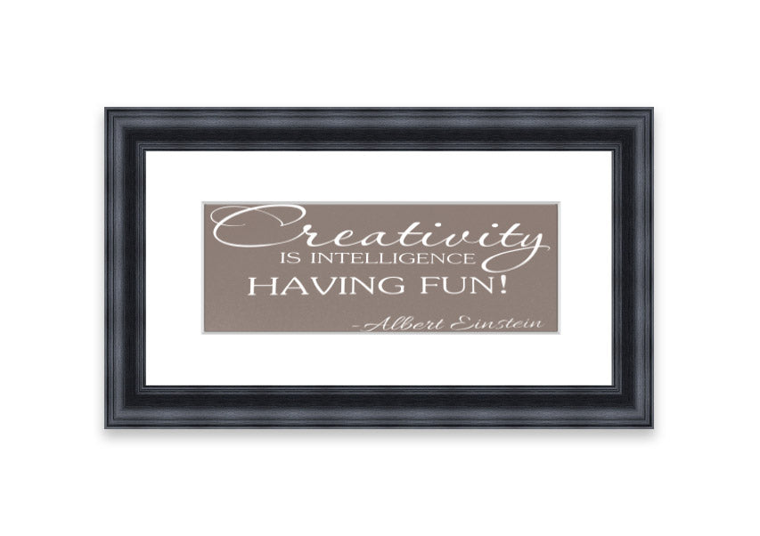 Framed print featuring Albert Einstein's quote on creativity and intelligence, elegantly designed in beige with multiple frame color options.