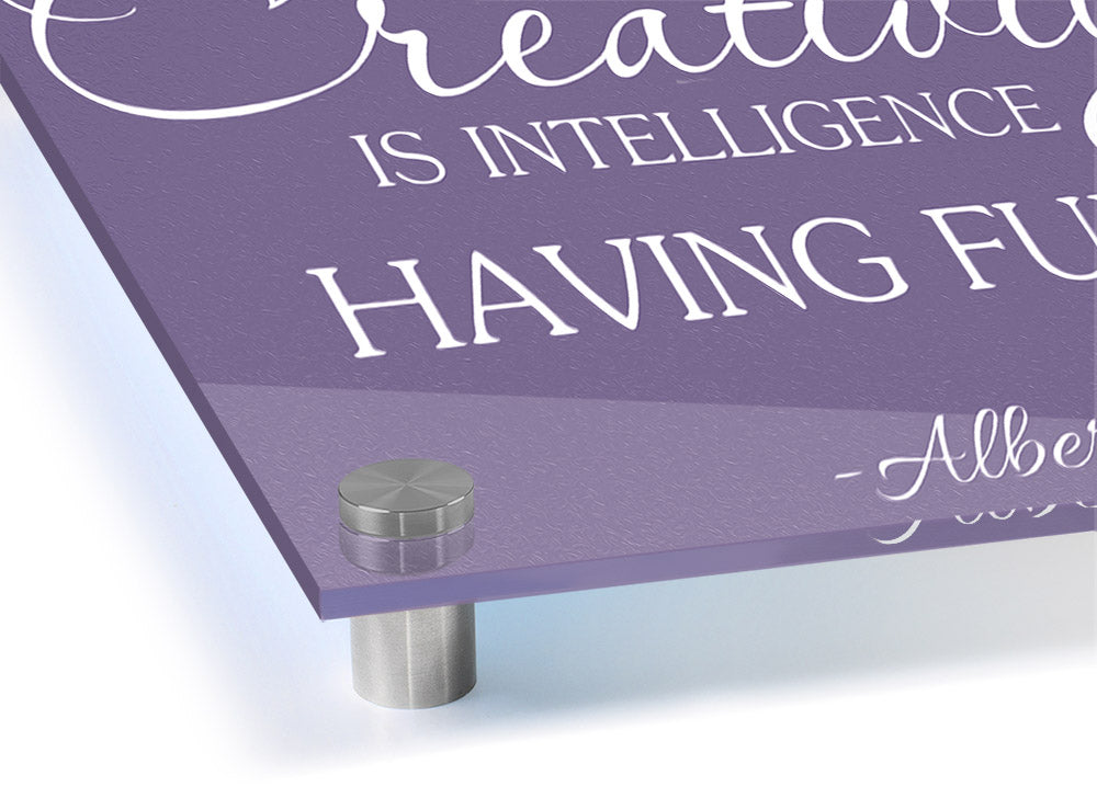 Albert Einstein Creativity Is Intelligence Lilac acrylic print with vibrant lilac background and inspirational quote.