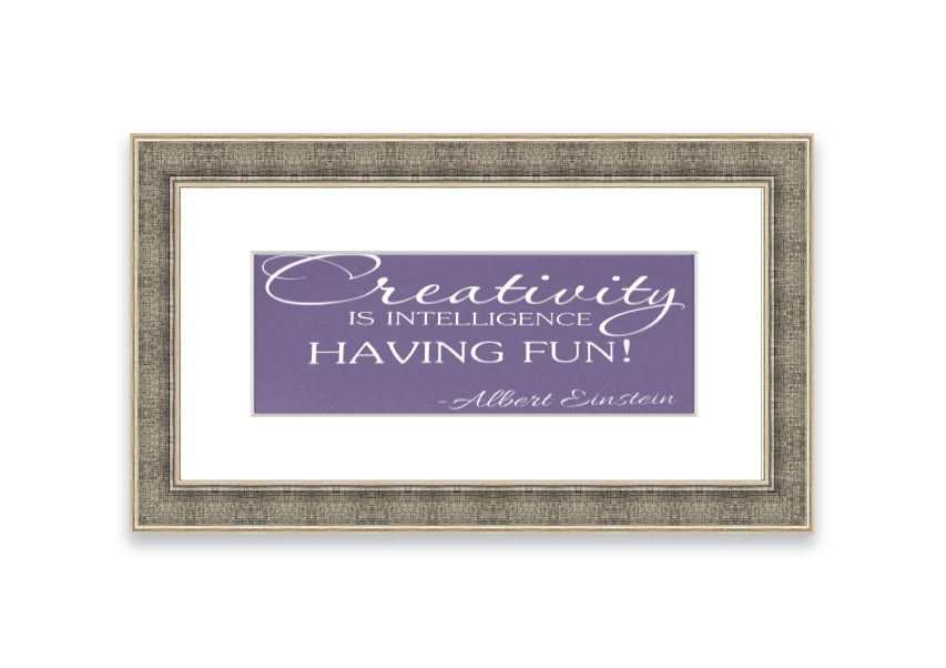 Framed print featuring Albert Einstein's quote on creativity and intelligence in lilac color, elegantly designed for wall decor.