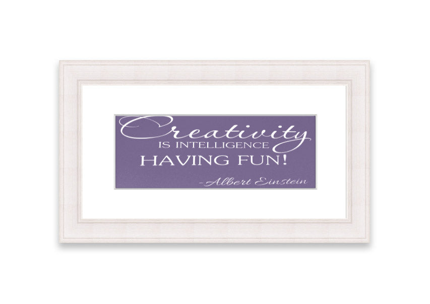 Framed print featuring Albert Einstein's quote on creativity and intelligence in lilac color, elegantly designed for wall decor.