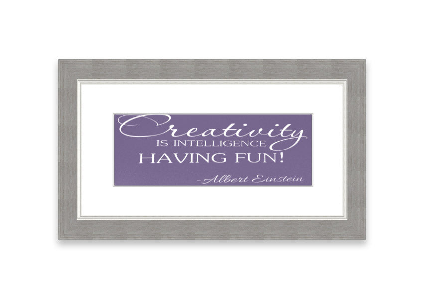 Framed print featuring Albert Einstein's quote on creativity and intelligence in lilac color, elegantly designed for wall decor.