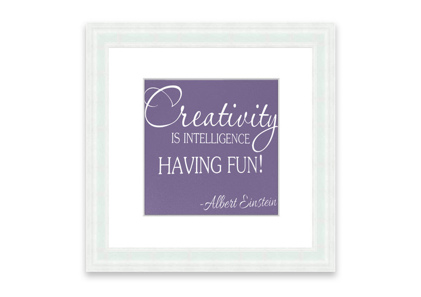 Framed print featuring Albert Einstein's quote on creativity and intelligence in lilac color, elegantly designed for wall decor.