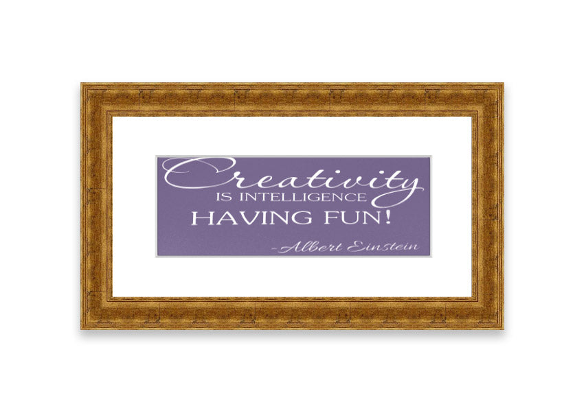 Framed print featuring Albert Einstein's quote on creativity and intelligence in lilac color, elegantly designed for wall decor.