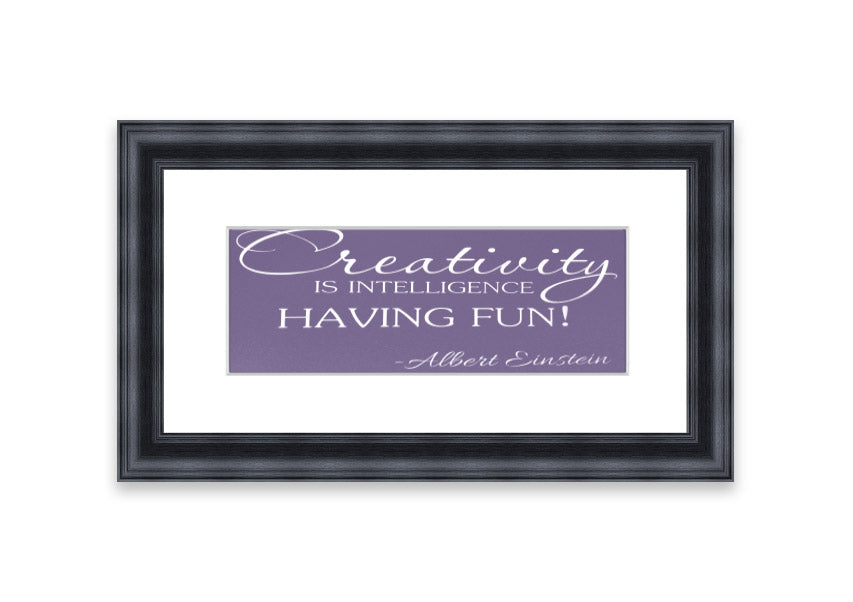 Framed print featuring Albert Einstein's quote on creativity and intelligence in lilac color, elegantly designed for wall decor.