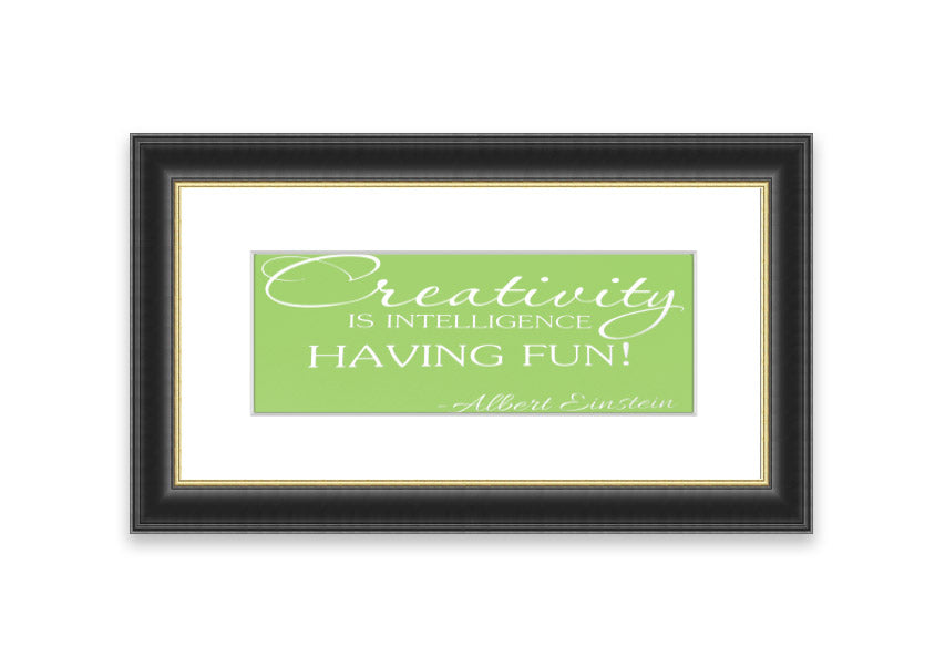 Framed print featuring Albert Einstein's quote 'Creativity Is Intelligence' in vibrant lime green, ready to hang.