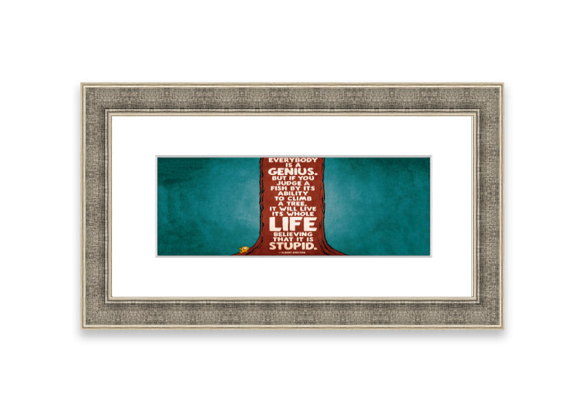 Framed print of Albert Einstein with the quote 'Everybody Is A Genius', showcasing vibrant colors and a stylish frame.