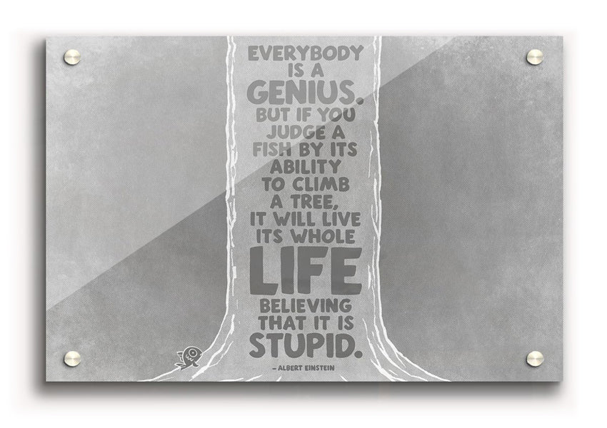 Albert Einstein Everybody Is A Genius Grey acrylic print on a wall, showcasing vibrant colors and modern design.