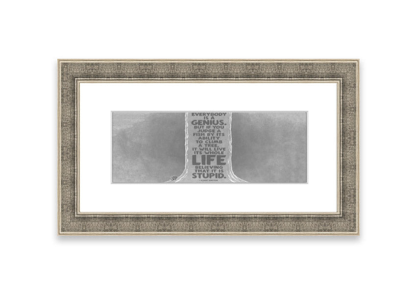 Framed print featuring Albert Einstein's quote 'Everybody Is A Genius' in grey, elegantly designed for home or office decor.