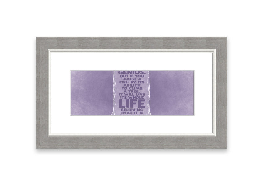 Framed print of Albert Einstein with a lilac background, showcasing the quote 'Everybody Is A Genius'.