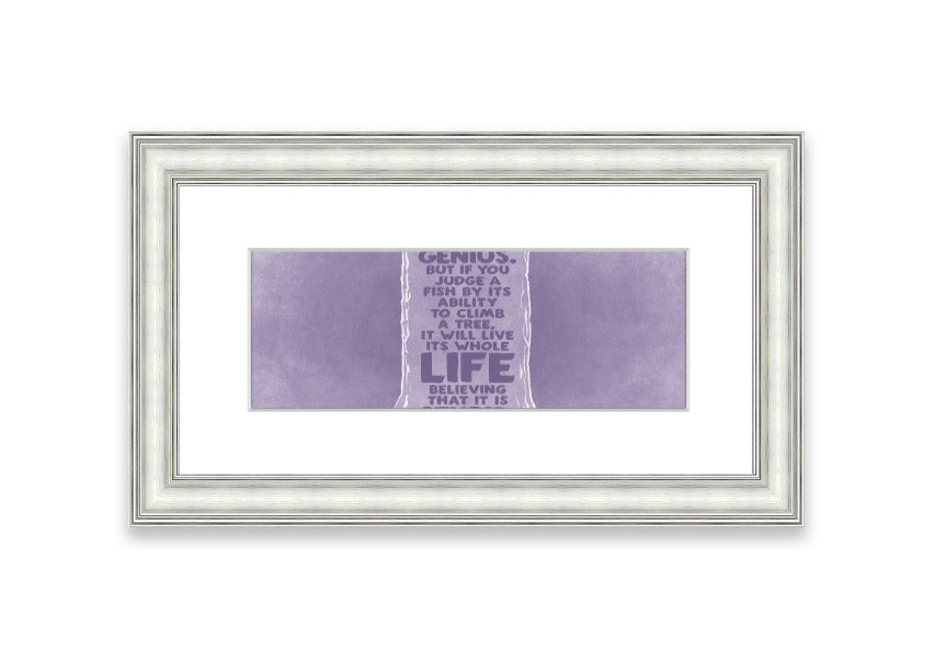 Framed print of Albert Einstein with a lilac background, showcasing the quote 'Everybody Is A Genius'.