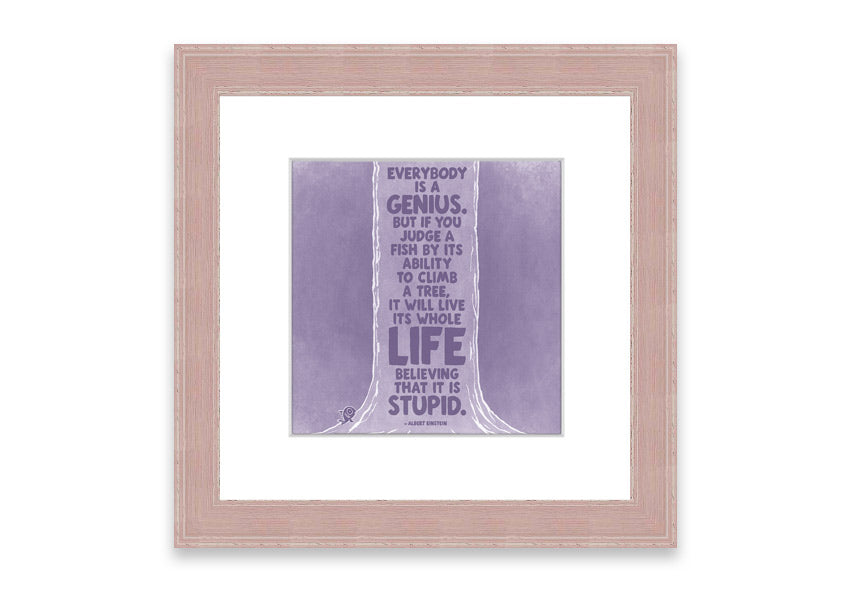 Framed print of Albert Einstein with a lilac background, showcasing the quote 'Everybody Is A Genius'.