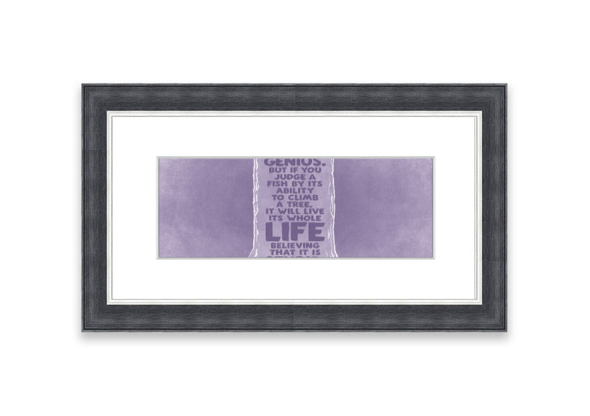 Framed print of Albert Einstein with a lilac background, showcasing the quote 'Everybody Is A Genius'.