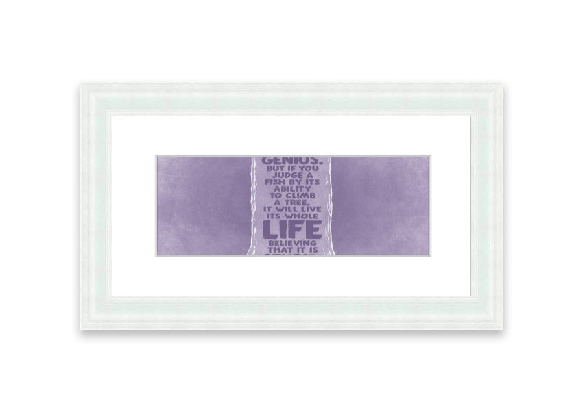 Framed print of Albert Einstein with a lilac background, showcasing the quote 'Everybody Is A Genius'.