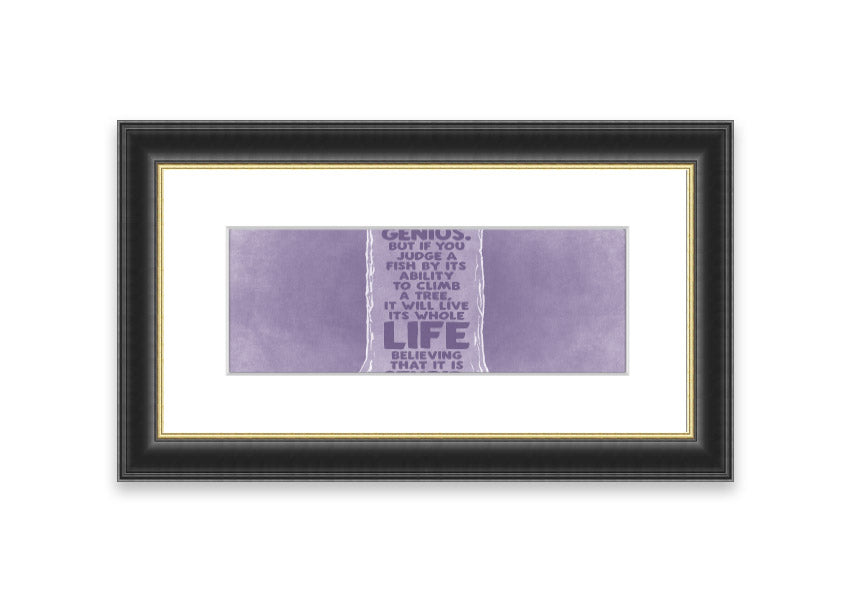 Framed print of Albert Einstein with a lilac background, showcasing the quote 'Everybody Is A Genius'.