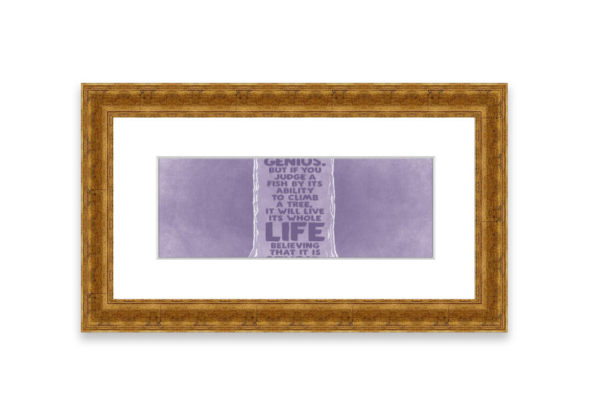 Framed print of Albert Einstein with a lilac background, showcasing the quote 'Everybody Is A Genius'.
