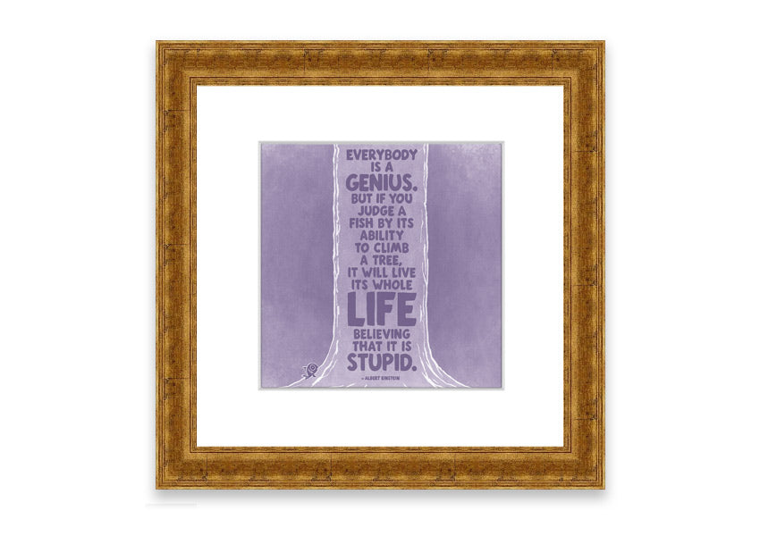 Framed print of Albert Einstein with a lilac background, showcasing the quote 'Everybody Is A Genius'.