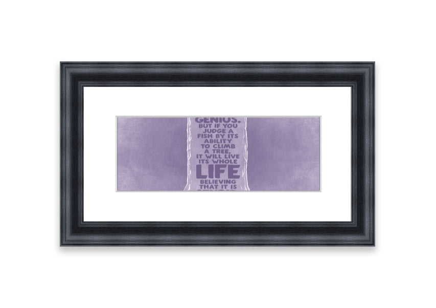 Framed print of Albert Einstein with a lilac background, showcasing the quote 'Everybody Is A Genius'.