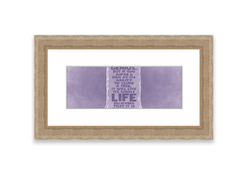 Framed print of Albert Einstein with a lilac background, showcasing the quote 'Everybody Is A Genius'.