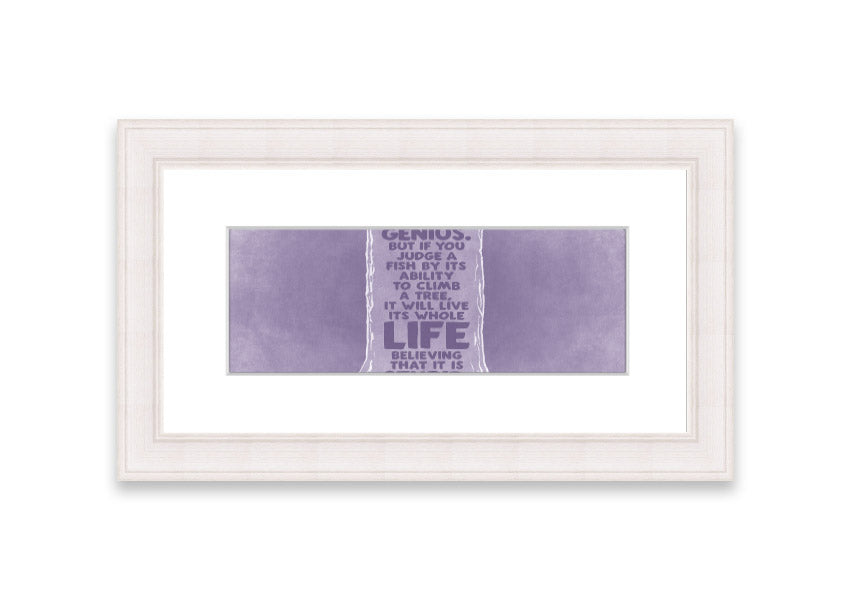 Framed print of Albert Einstein with a lilac background, showcasing the quote 'Everybody Is A Genius'.