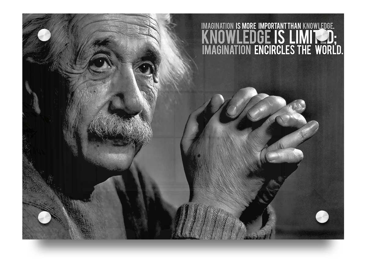Acrylic print featuring Albert Einstein's quote 'Imagination Is More Important', showcasing vibrant colors on 5mm thick acrylic glass.
