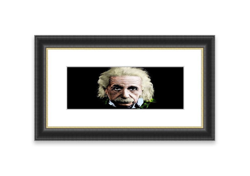 Framed print of Albert Einstein in retro colors, showcasing vibrant hues and artistic design, ready to hang.