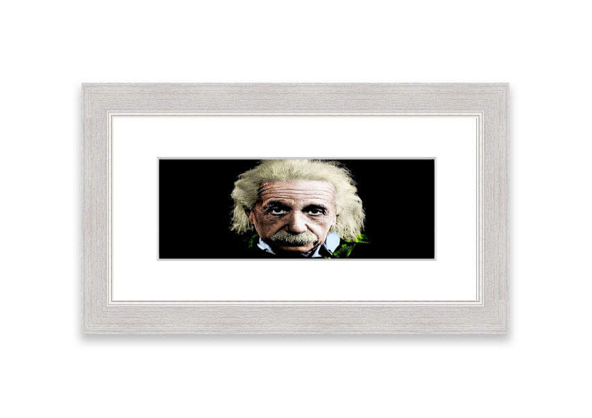 Framed print of Albert Einstein in retro colors, showcasing vibrant hues and artistic design, ready to hang.