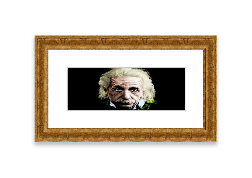 Framed print of Albert Einstein in retro colors, showcasing vibrant hues and artistic design, ready to hang.