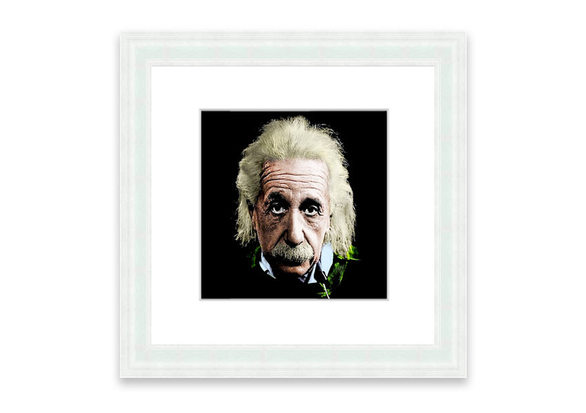 Framed print of Albert Einstein in retro colors, showcasing vibrant hues and artistic design, ready to hang.