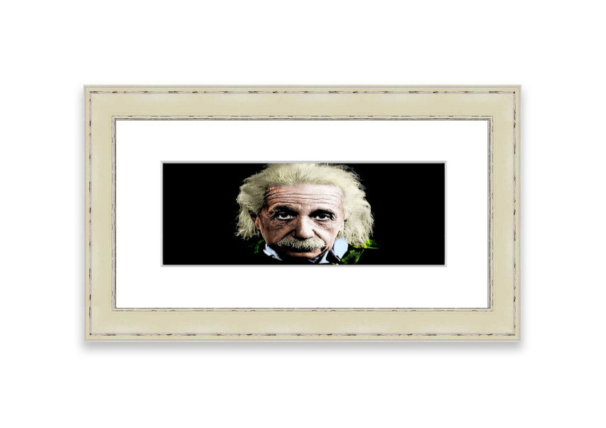 Framed print of Albert Einstein in retro colors, showcasing vibrant hues and artistic design, ready to hang.