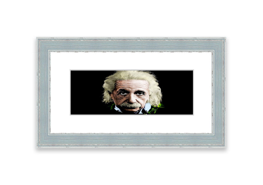 Framed print of Albert Einstein in retro colors, showcasing vibrant hues and artistic design, ready to hang.