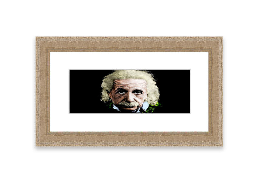 Framed print of Albert Einstein in retro colors, showcasing vibrant hues and artistic design, ready to hang.