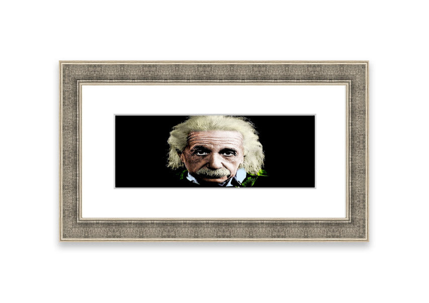 Framed print of Albert Einstein in retro colors, showcasing vibrant hues and artistic design, ready to hang.