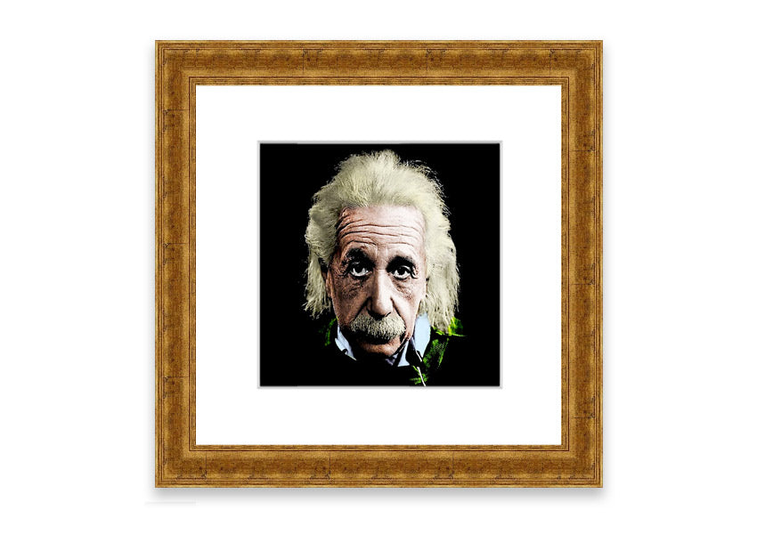 Framed print of Albert Einstein in retro colors, showcasing vibrant hues and artistic design, ready to hang.