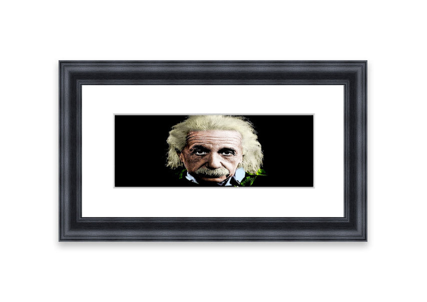 Framed print of Albert Einstein in retro colors, showcasing vibrant hues and artistic design, ready to hang.
