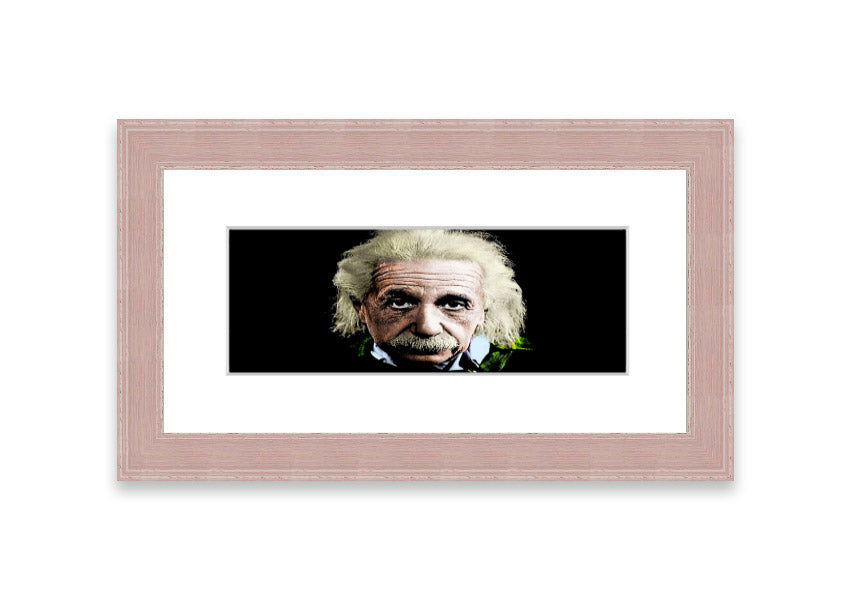 Framed print of Albert Einstein in retro colors, showcasing vibrant hues and artistic design, ready to hang.