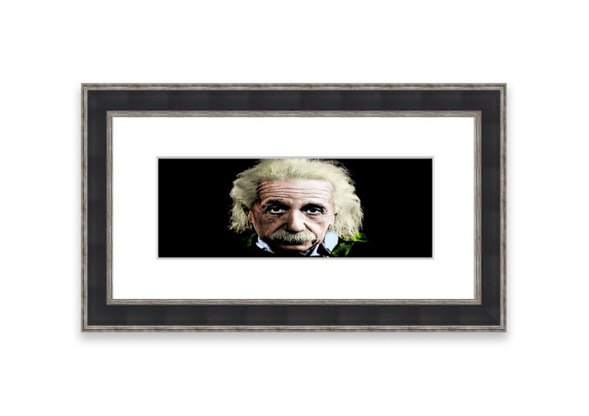 Framed print of Albert Einstein in retro colors, showcasing vibrant hues and artistic design, ready to hang.