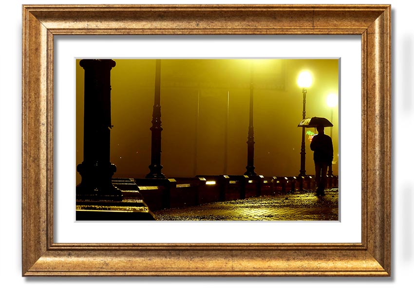 Alley Night framed print showcasing a serene urban night scene, available in various frame colours.