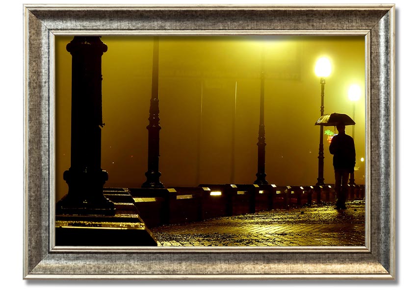 Alley Night framed print showcasing a serene urban night scene, available in various frame colours.