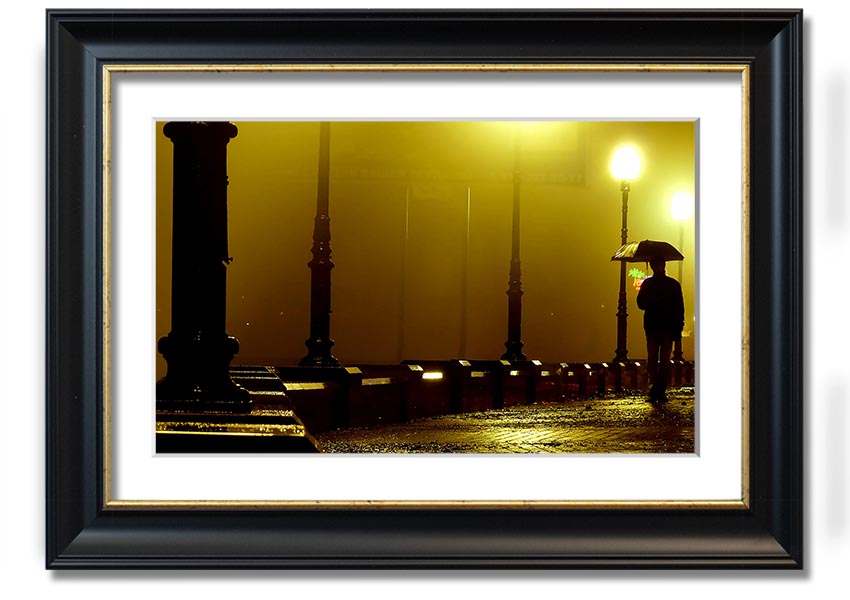 Alley Night framed print showcasing a serene urban night scene, available in various frame colours.